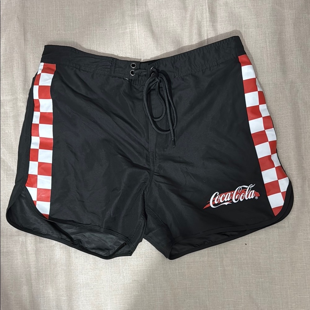 Coca Cola Men's Black Shorts with Red Checkered Design
